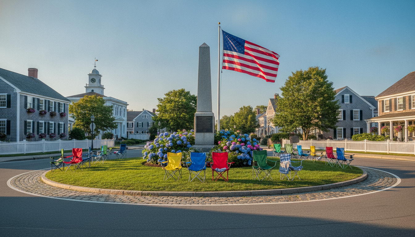 A roundabout decorated with lawn chairs surrounding an obelisk topped with an American flag
